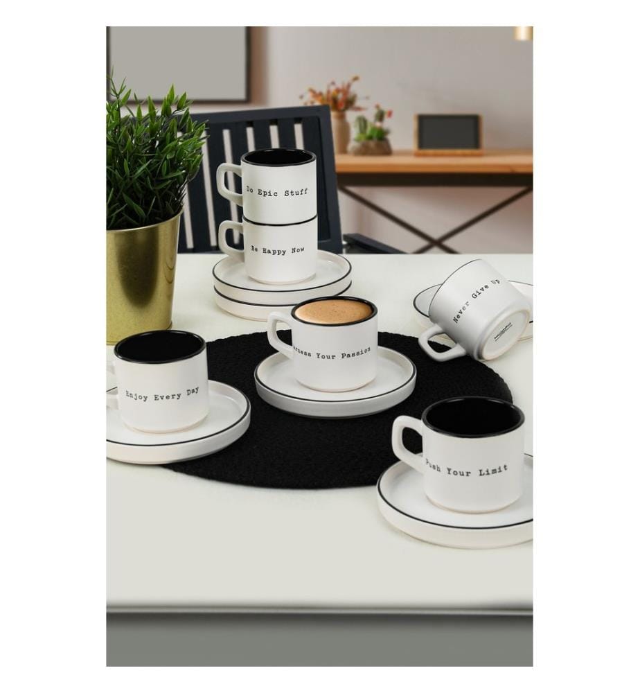 Tea Cup Set, 12 Pieces, White, Black, 100% Ceramic, Antibacterial