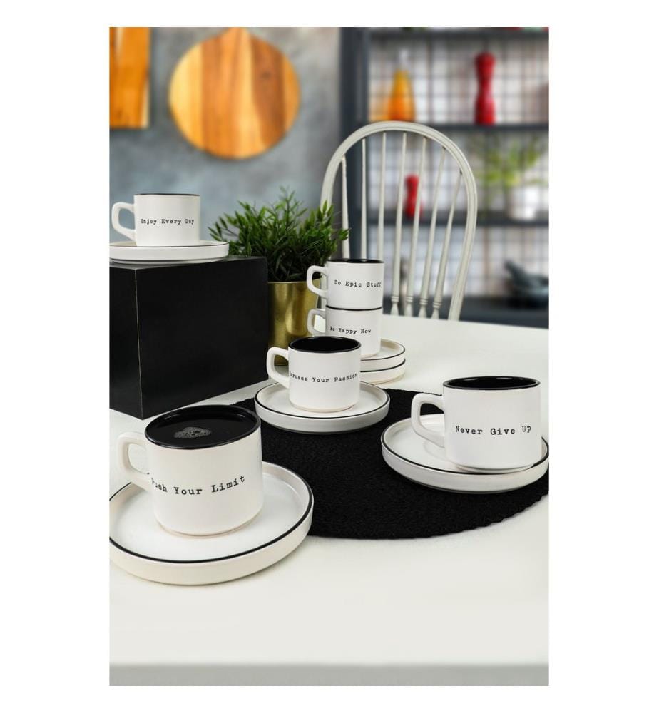 Tea Cup Set, 12 Pieces, White, Black, 100% Ceramic, Antibacterial