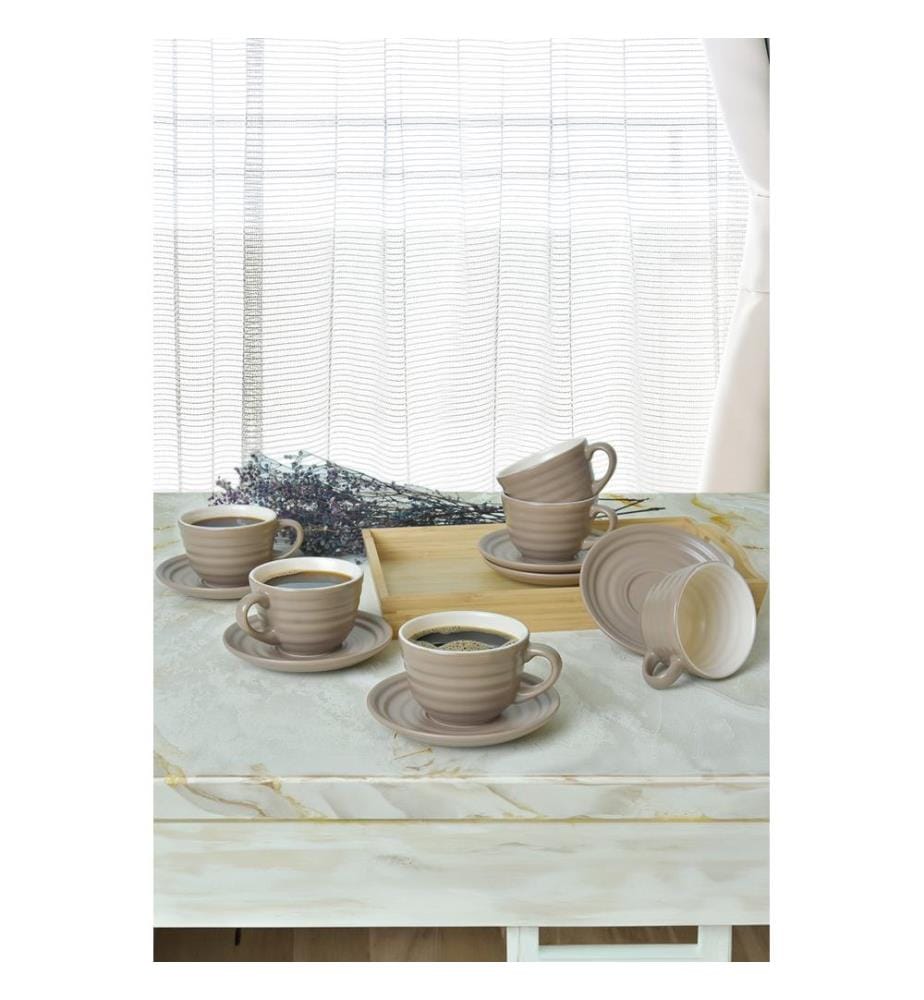 Tea Cup Set, 12 Pieces, Matte Taupe, 100% Ceramic, Antibacterial