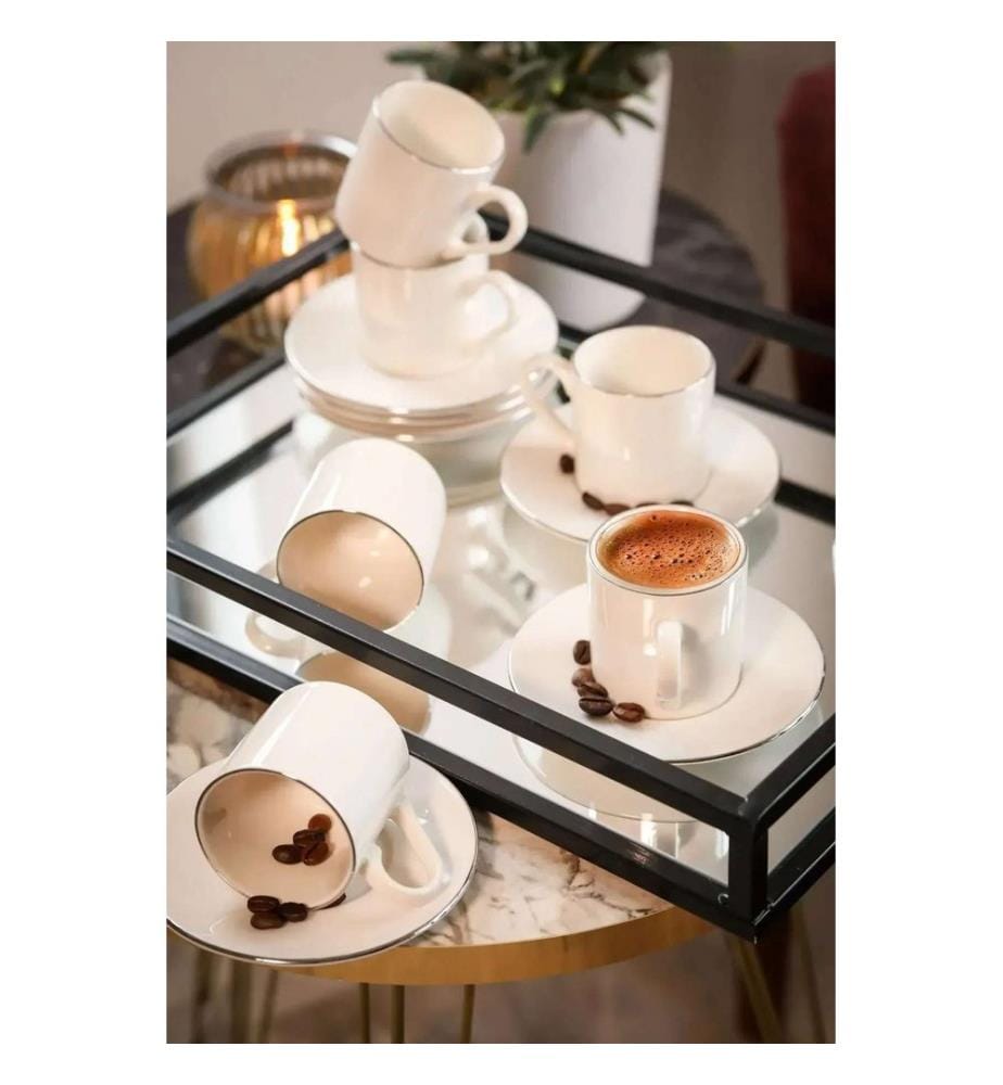 Coffee Cup Set, 12 Pieces, White, Silver, 100% PORCELAIN