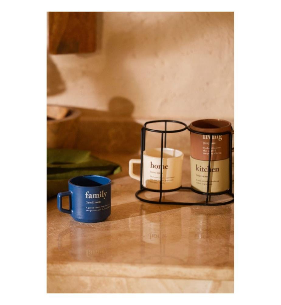 Mug Set, 5 Pieces, Dark Blue, Cream, Mustard, Tile Red, 100% GLASS