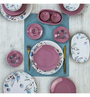 Set per la colazione, 50 pezzi, rosa, bianco, blu, 100% gres ceramico