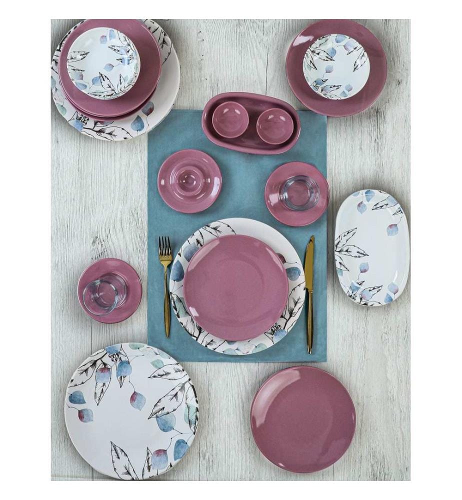 Breakfast Set, 50 Pieces, Pink, White, Blue, 100% CERAMIC STONEWARE