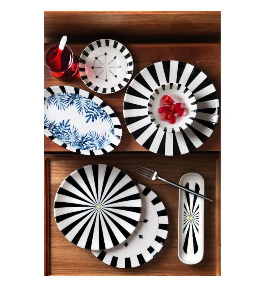 Breakfast Set, 32 Pieces, Black, White, 100% CERAMIC