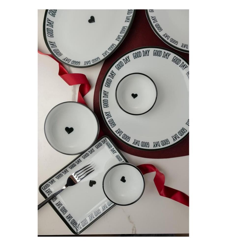 Breakfast Set, 14 Pieces, White, Black, 100% PORCELAIN