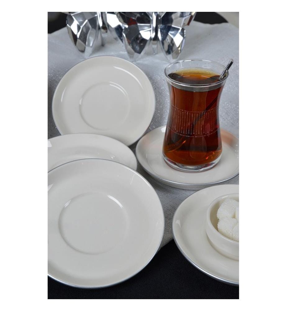 Service de soucoupes, 6 pièces, 100 % porcelaine, blanc, platine