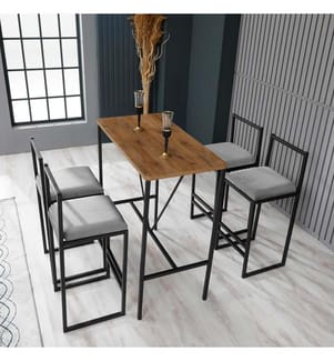Ensemble table et tabouret de bar, 5 pièces, gris, noyer, noir, panneau de particules mélaminé, châssis : Métal