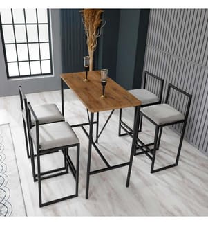 Ensemble table de bar et tabouret, 5 pièces, crème, noyer, noir, panneau de particules mélaminé, châssis : Métal