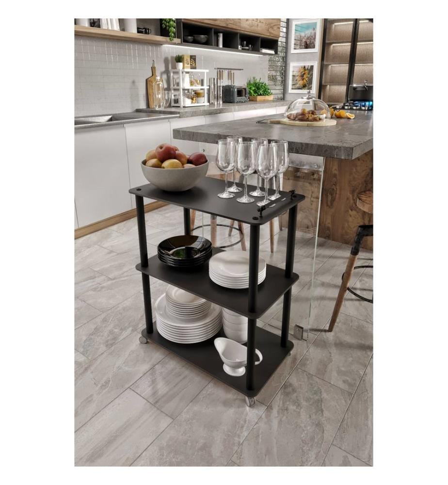 Servierwagen, schwarz, 100 % MDF, Holzbeine
