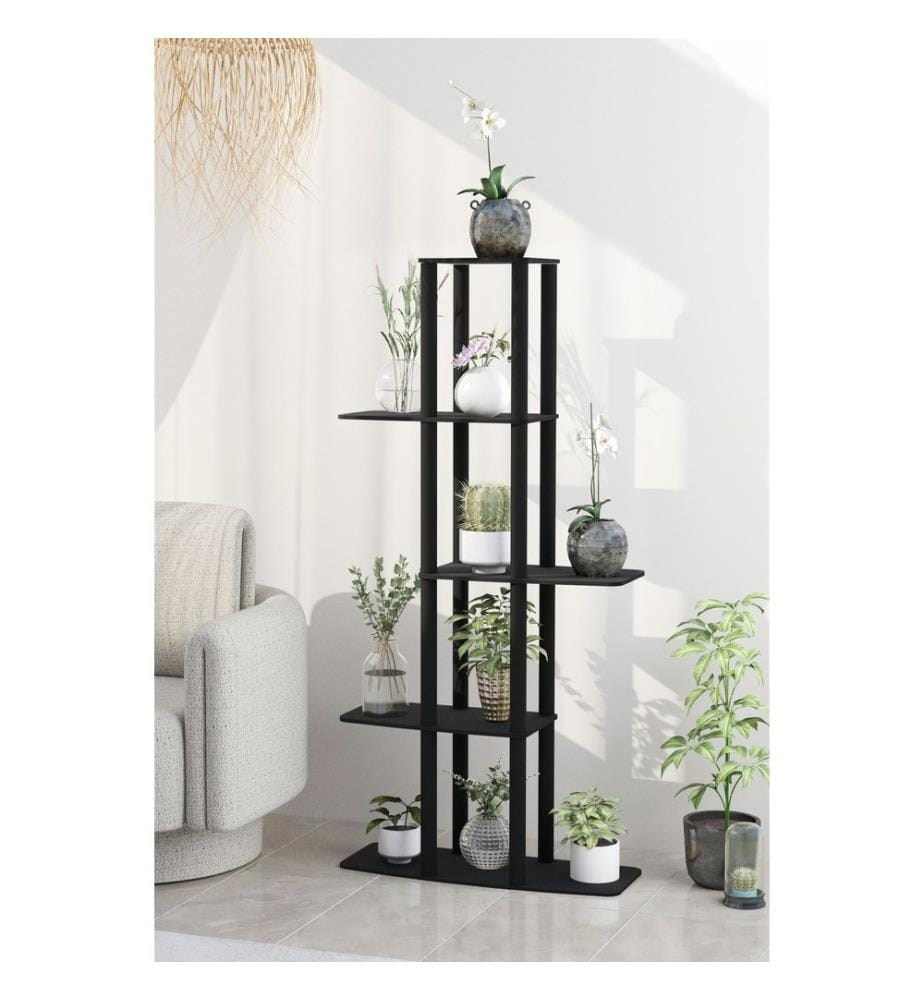 Support pour plantes en bois, noir, 100 % MDF, pieds en bois