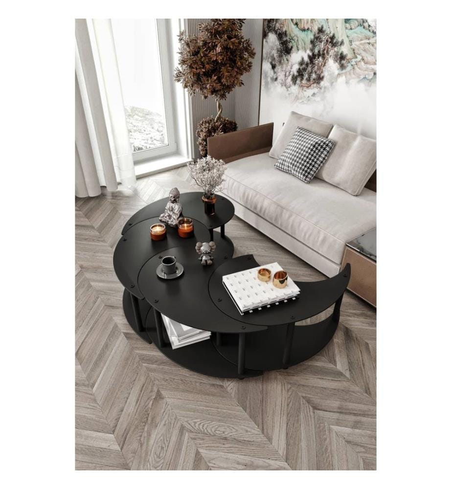 Couchtisch-Set, schwarz, 100 % MDF, Holzbeine