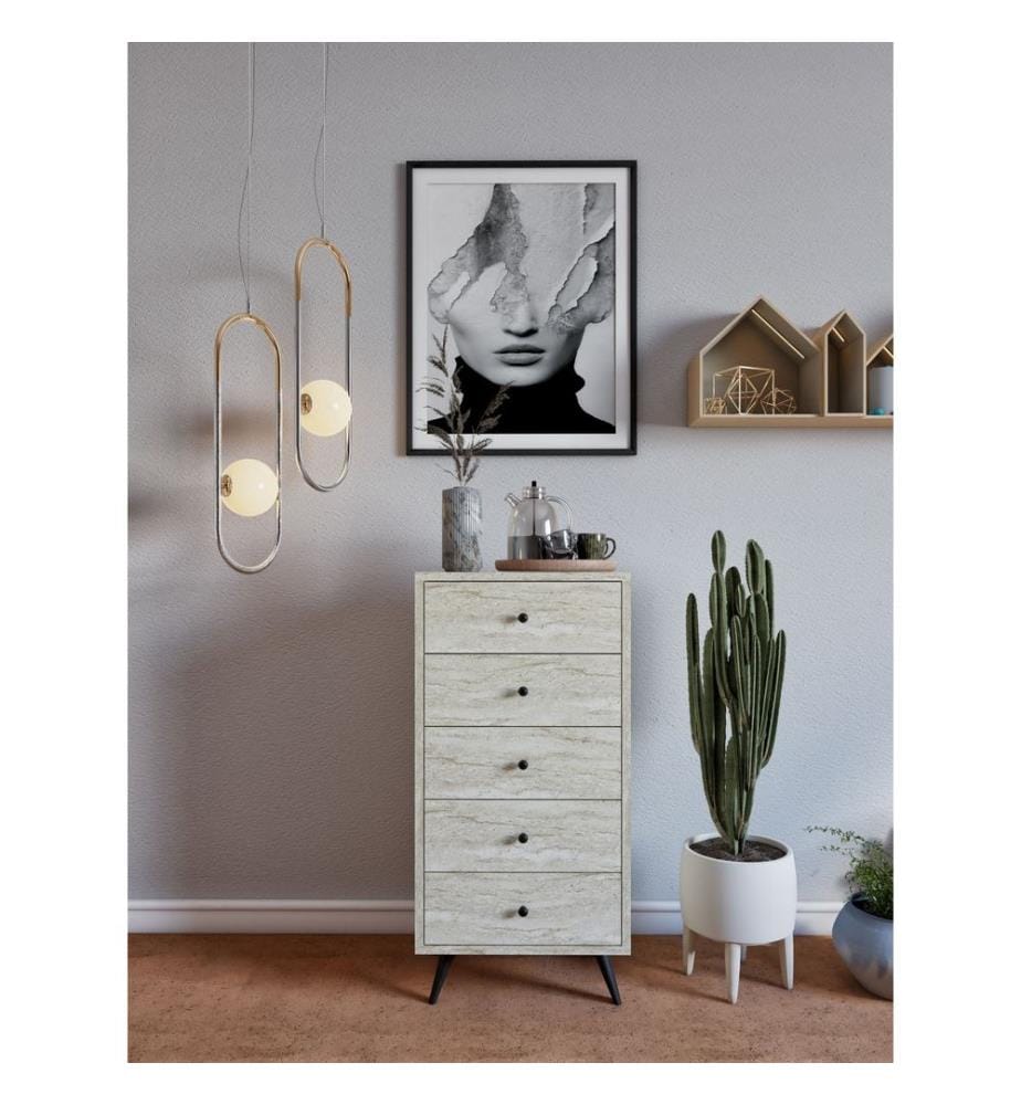 Kommode, Travertin, 100 % MELAMINBESCHICHTETE SPANPLATTE, PU-LEDERGRIFF, HOLZBEINE