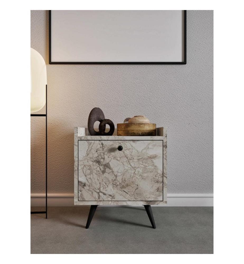 Nachttisch, Ephesus-Marmor, 100 % MELAMINBESCHICHTETE SPANPLATTE, PU-LEDERGRIFF, HOLZBEINE