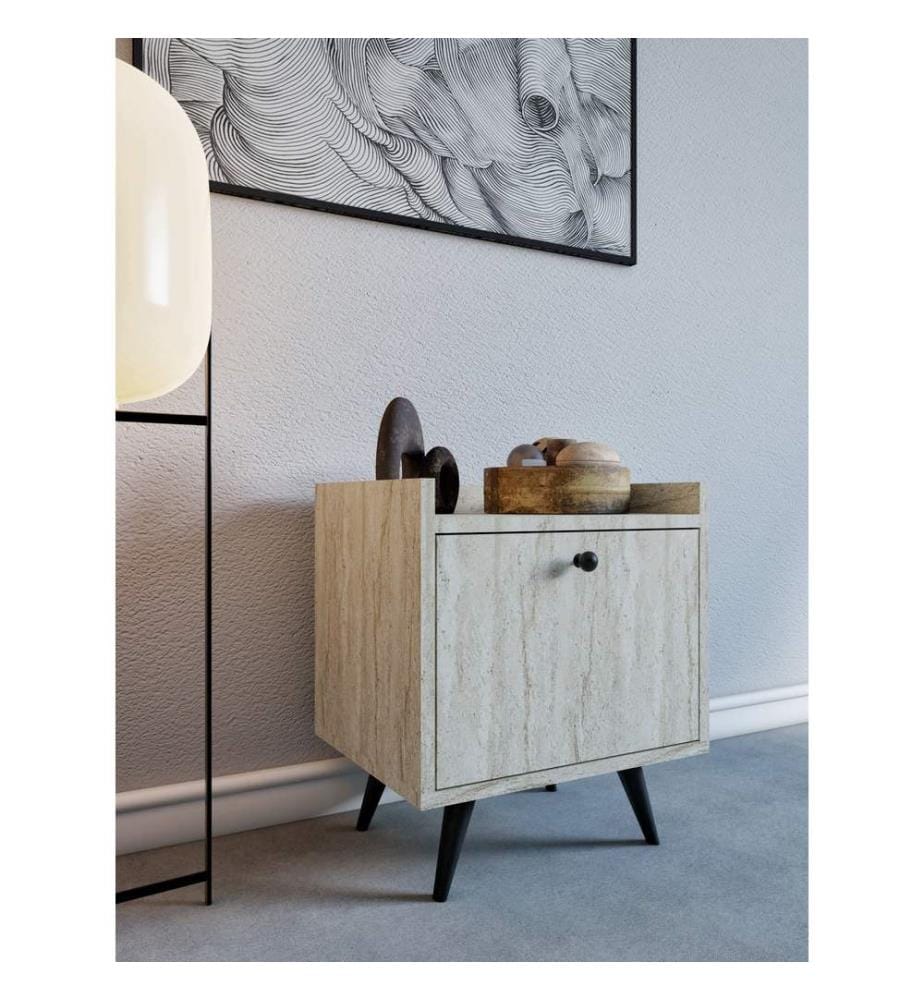 Nachttisch, Travertin, 100 % MELAMINBESCHICHTETE SPANPLATTE, PU-LEDERGRIFF, HOLZBEINE