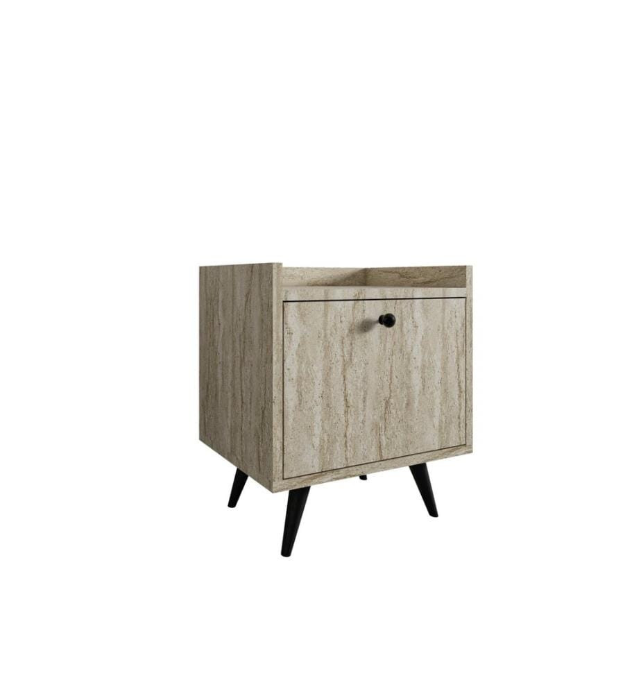 Nachttisch, Travertin, 100 % MELAMINBESCHICHTETE SPANPLATTE, PU-LEDERGRIFF, HOLZBEINE
