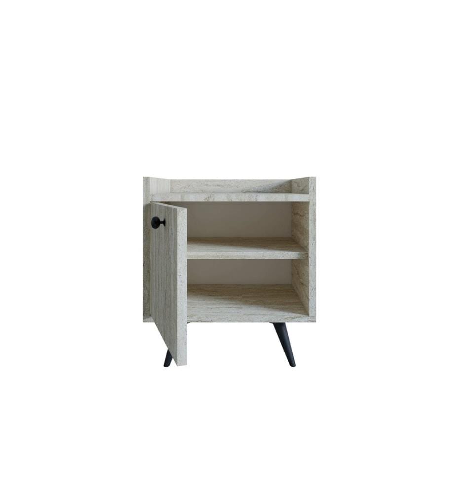Nachttisch, Travertin, 100 % MELAMINBESCHICHTETE SPANPLATTE, PU-LEDERGRIFF, HOLZBEINE