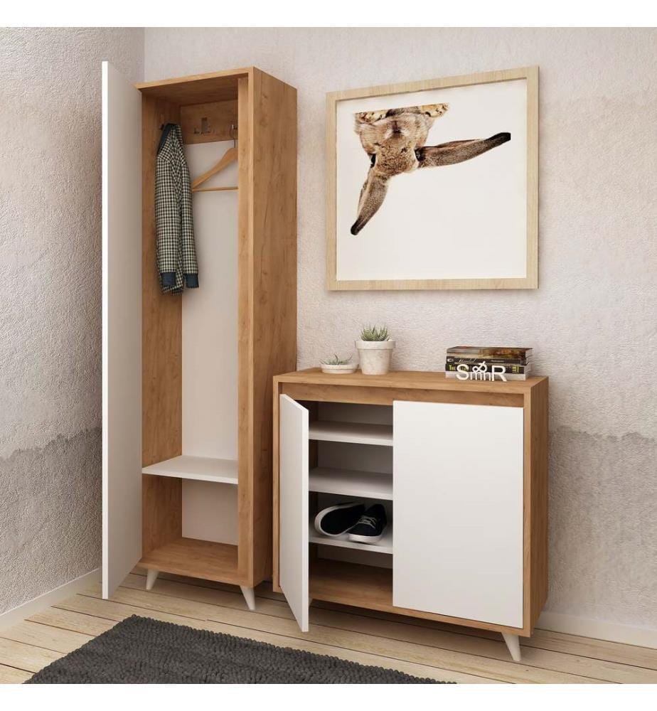 Eichenfarbig,Weiss, Schuhschränke, 100X80X35 cm, Melaminbeschichtete Partikelplatte