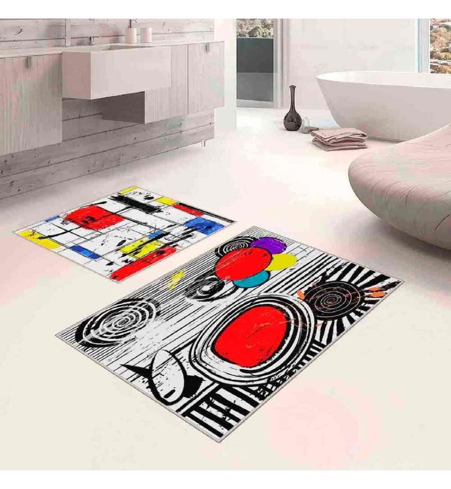 Badematten-Set, 2-teilig, weiss, rot, gelb, blau, schwarz, 100% Polyester, 60 x 100 cm (1 Stück), 50 x 60 cm (1 Stück)