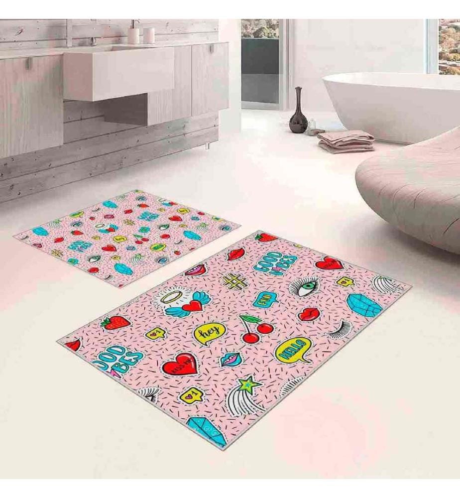 Badematten-Set, 2-teilig, weiss, rosa, blau, grün, rot, 100% Polyester, 60 x 100 cm (1 Stück), 50 x 60 cm (1 Stück)