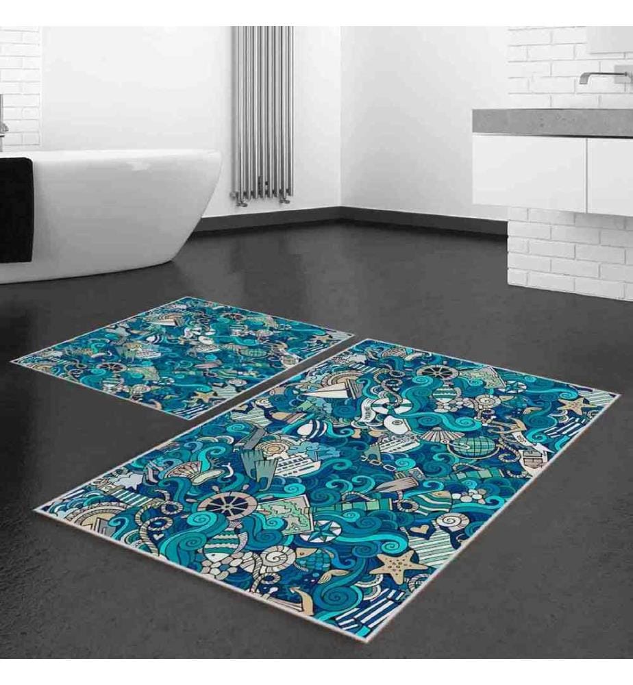 Badematten-Set, 2-teilig, türkis, weiss, marineblau, 100% Polyester, 60 x 100 cm (1 Stück), 50 x 60 cm (1 Stück)