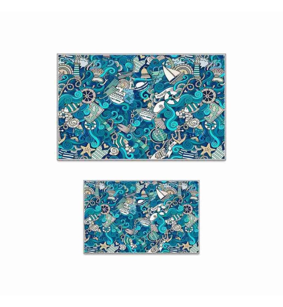 Badematten-Set, 2-teilig, türkis, weiss, marineblau, 100% Polyester, 60 x 100 cm (1 Stück), 50 x 60 cm (1 Stück)