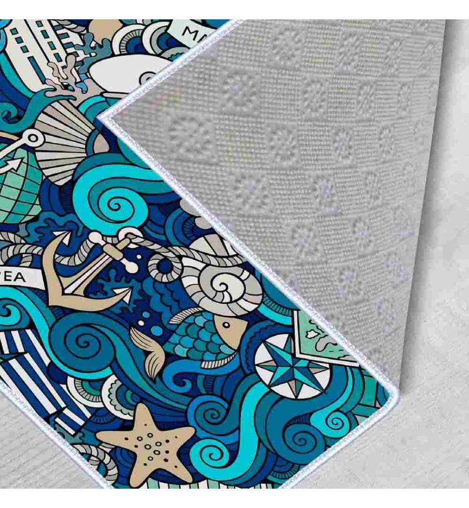 Badematten-Set, 2-teilig, türkis, weiss, marineblau, 100% Polyester, 60 x 100 cm (1 Stück), 50 x 60 cm (1 Stück)