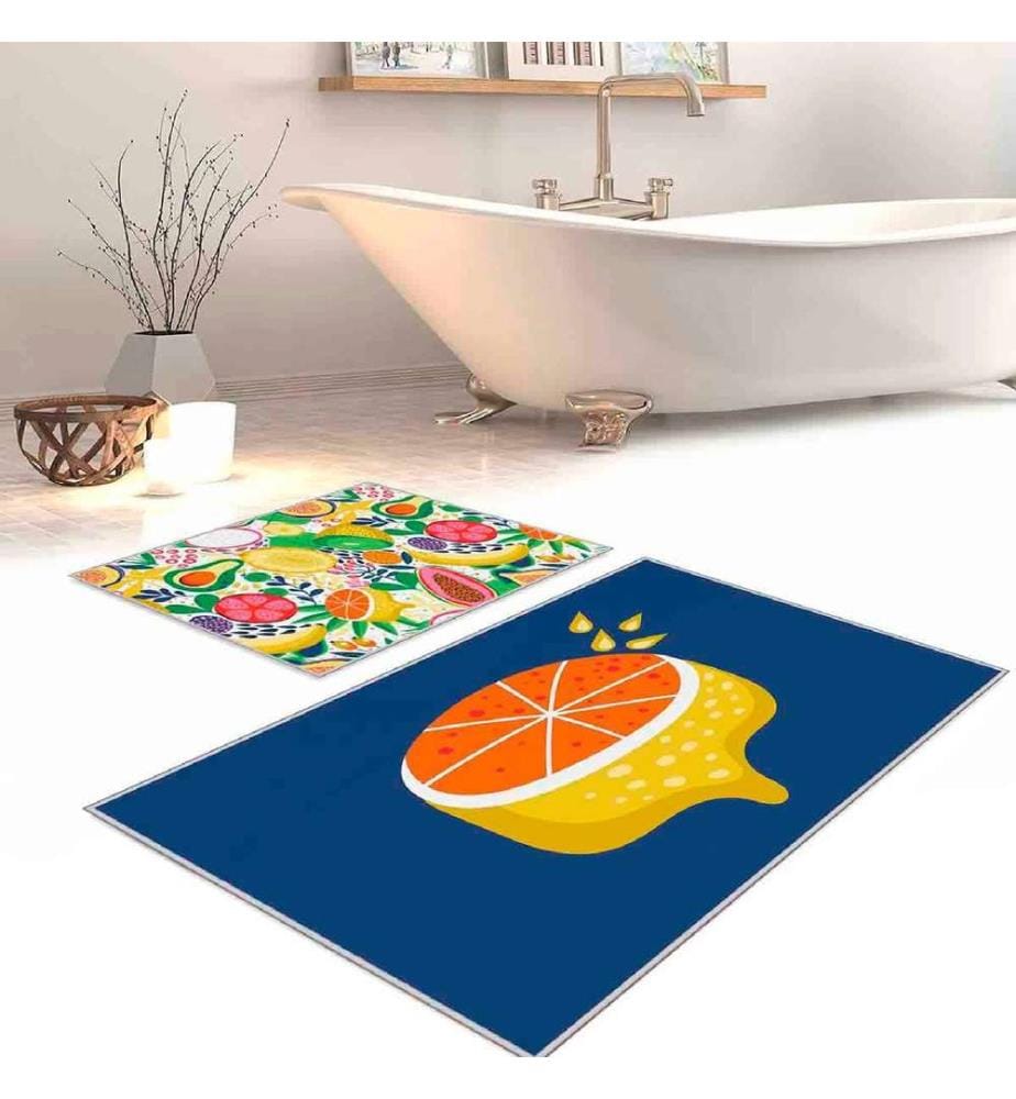 Set de tapis de bain, 2 pièces, blanc, orange, jaune, vert, bleu marine, 100% polyester, 60 x 100 cm (1 pièce), 50 x 60 cm (1 pièce)
