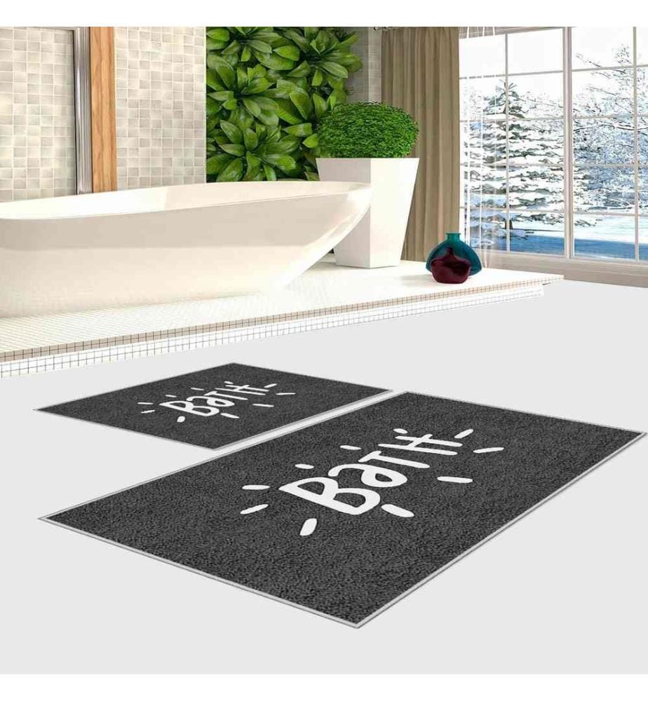 Set de tapis de bain, 2 pièces, blanc, noir, 100% polyester, 50 x 80 cm (1 pièce), 60 x 100 cm (1 pièce)