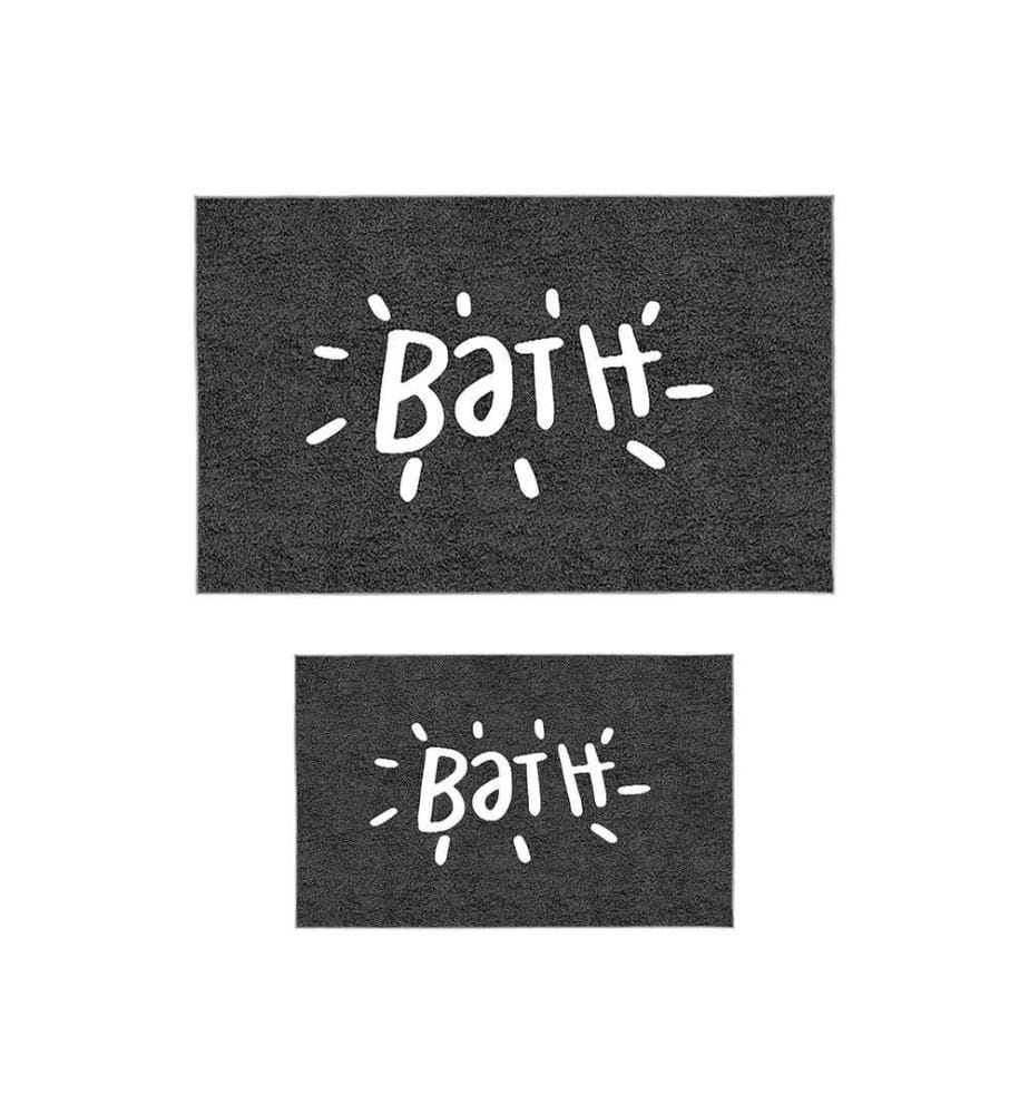 Set de tapis de bain, 2 pièces, blanc, noir, 100% polyester, 50 x 80 cm (1 pièce), 60 x 100 cm (1 pièce)
