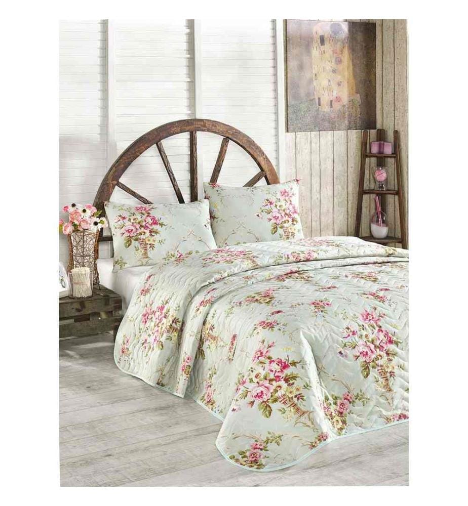 Couvre-lit matelassé King, Menthe, Rose, Jaune, Vert, 65% Coton - 35% Polyester (Couverture) - , 100% Fibre (Rembourrage)