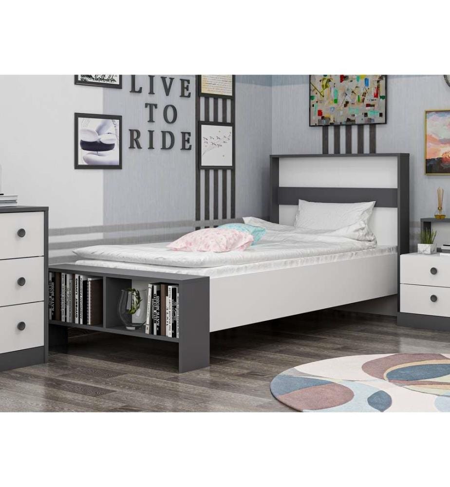 Letto singolo, bianco antracite, pannello di particelle rivestito in melamina