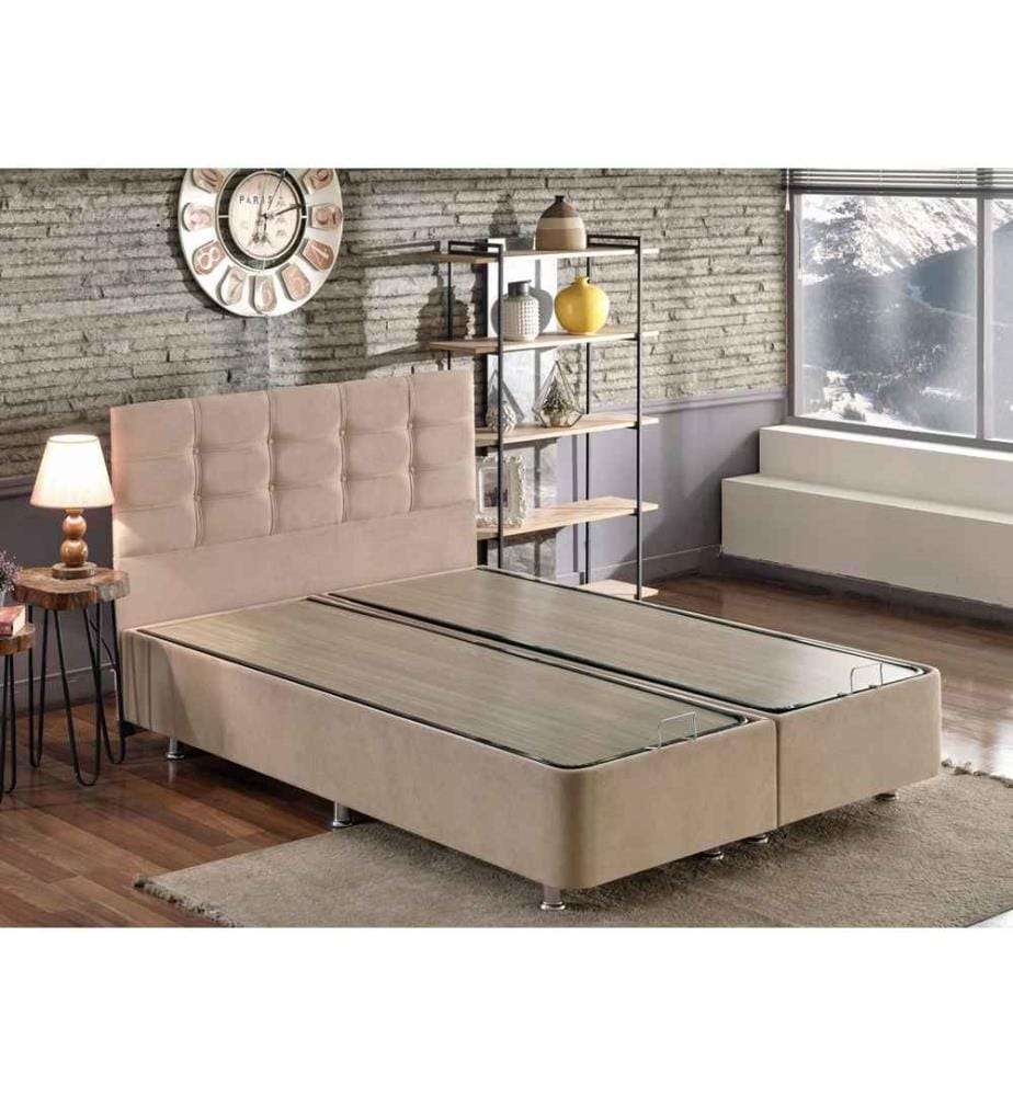 Base e testiera per letto matrimoniale, marrone chiaro, struttura in acciaio, tessuto Soho