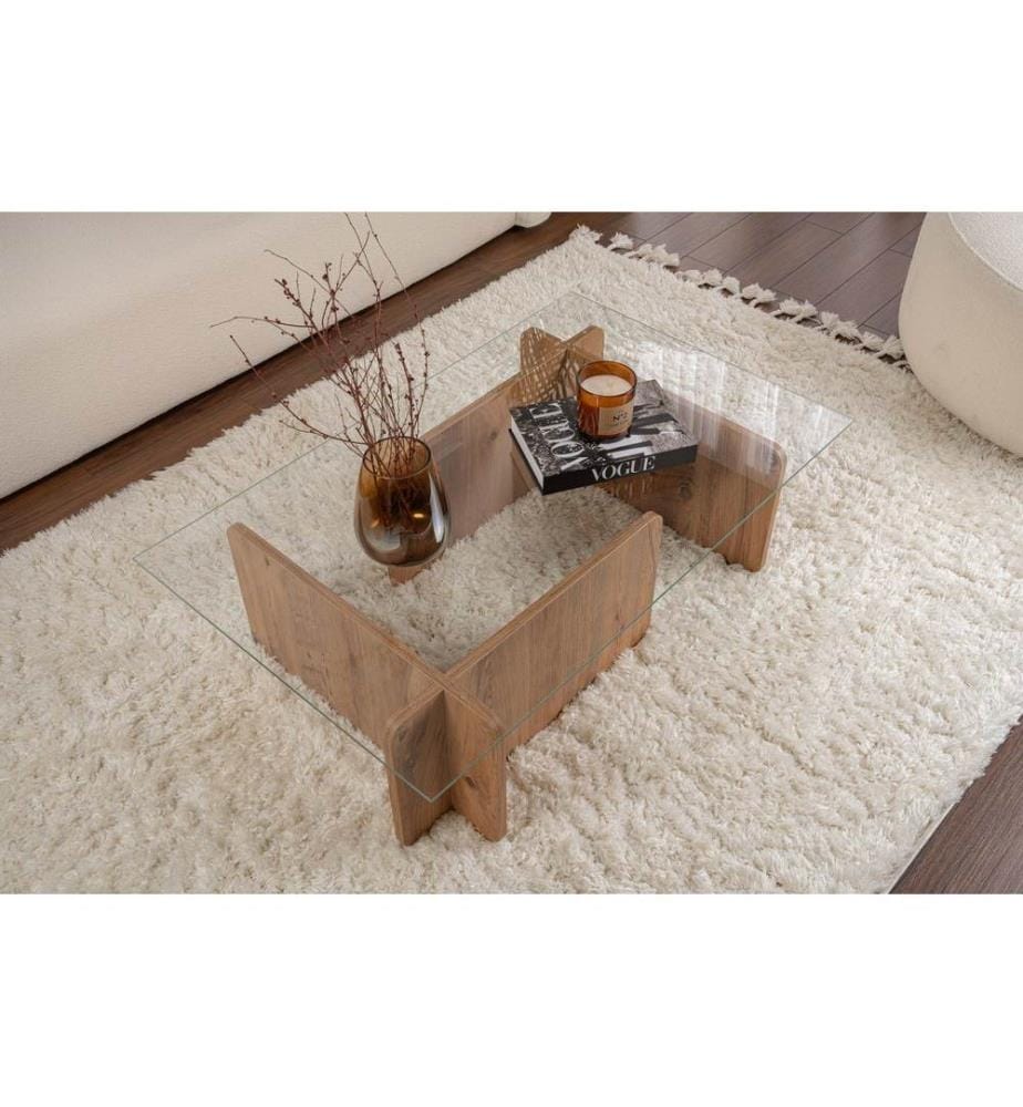 Table basse, pin Atlantique, VERRE 100 % TEMPÉRÉ, structure : PANNEAU DE PARTICULES 100 % MÉLAMINE