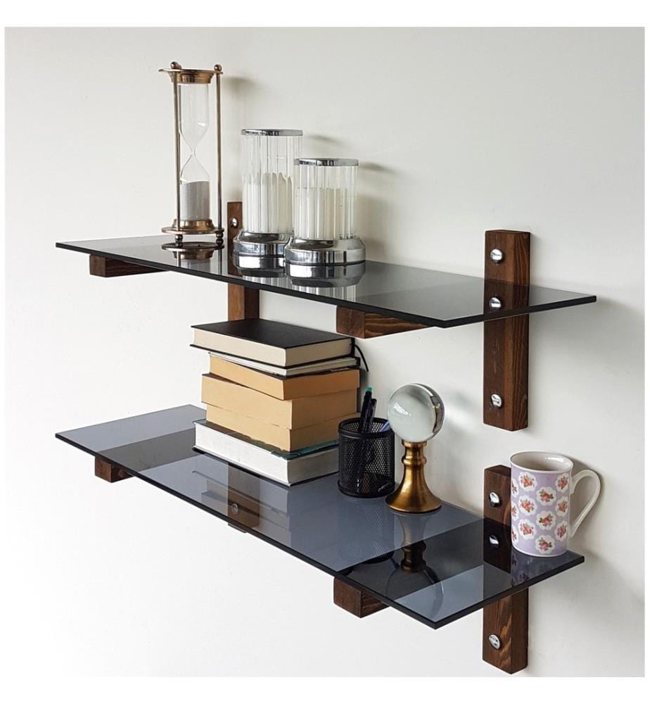 Nussbaum, Wandregale, 25X85X25 cm, Getempertes Glas