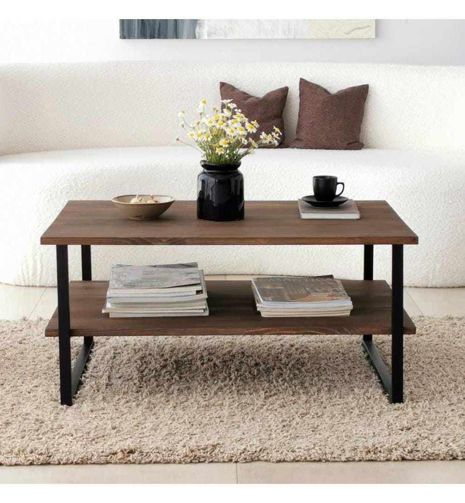 Coffee Table, Walnut, Pine Solid Wood, Metal Frame