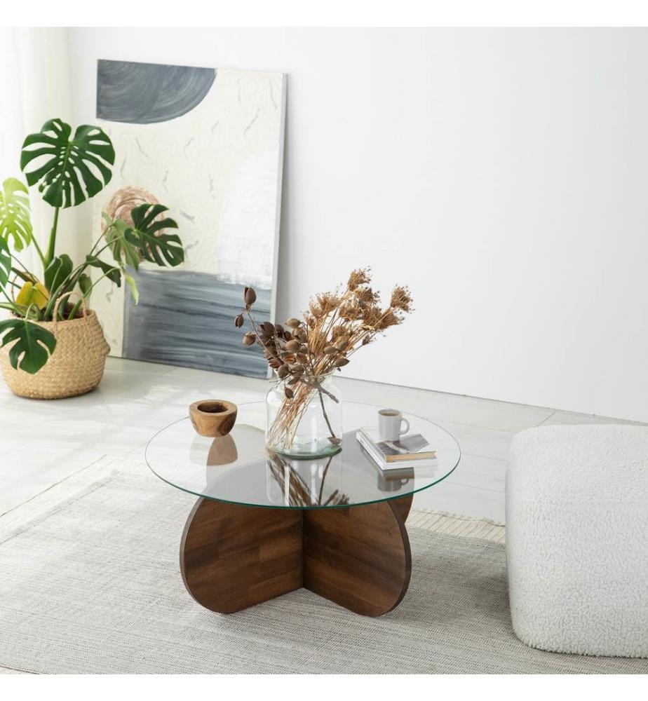 Coffee Table, Walnut, Table Top: Tempered Glass, Frame: Solid Pine Wood