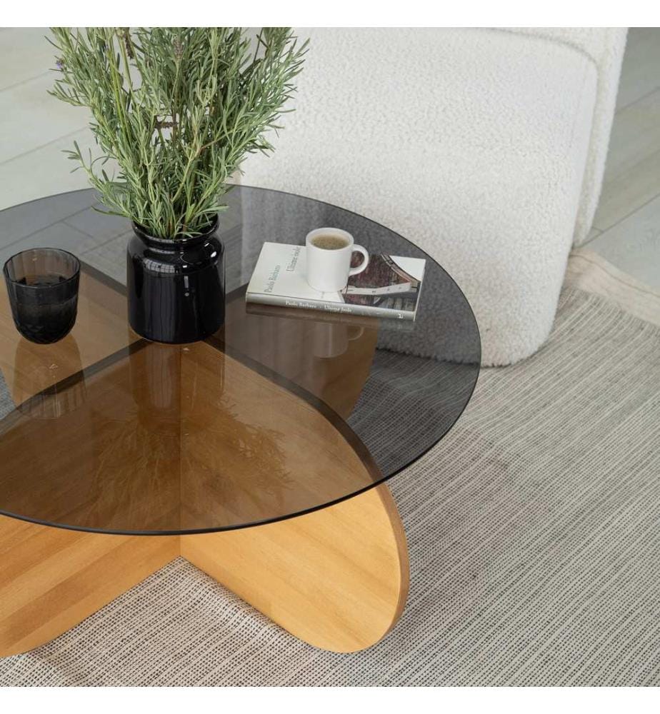 Coffee Table, Oak, Table Top: Tempered Glass, Frame: Solid Pine Wood