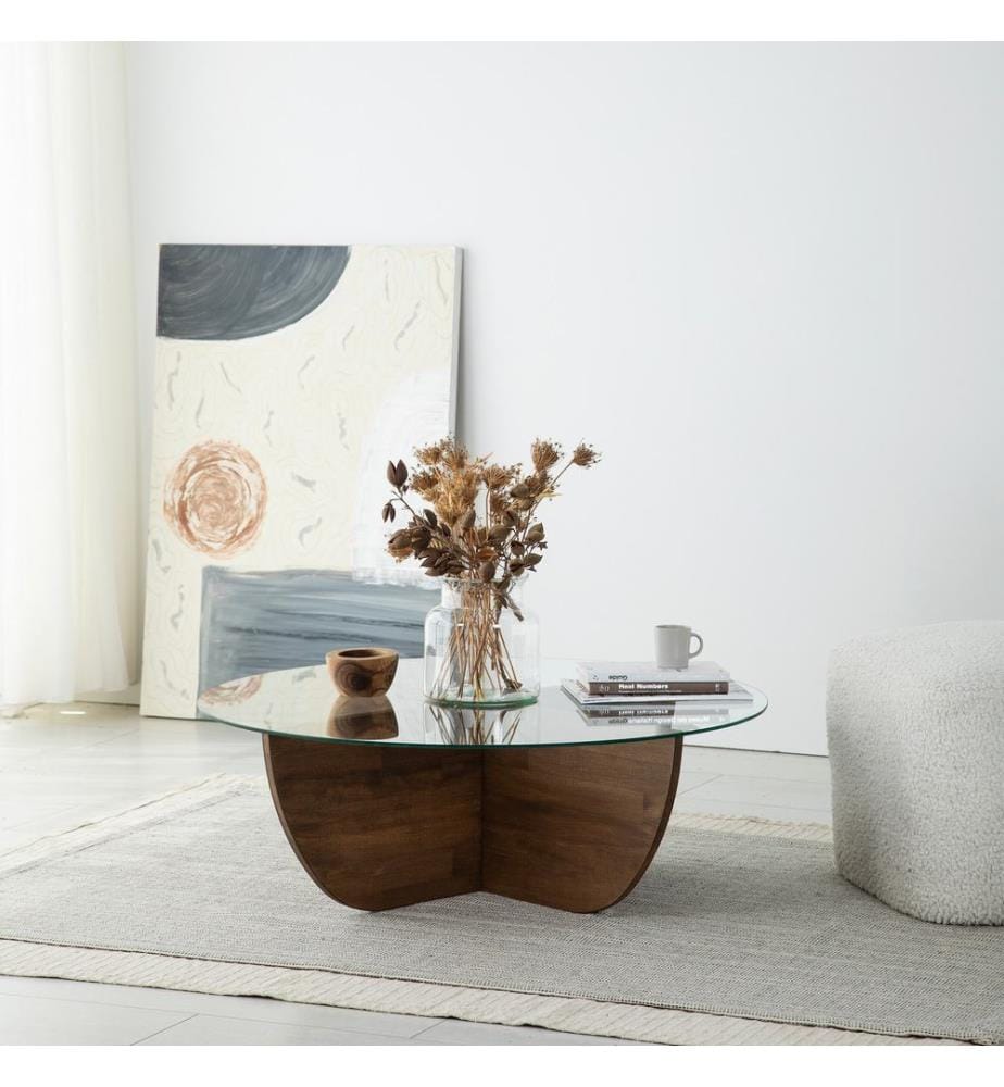 Coffee Table, Walnut, Table Top: Tempered Glass, Frame: Solid Pine Wood