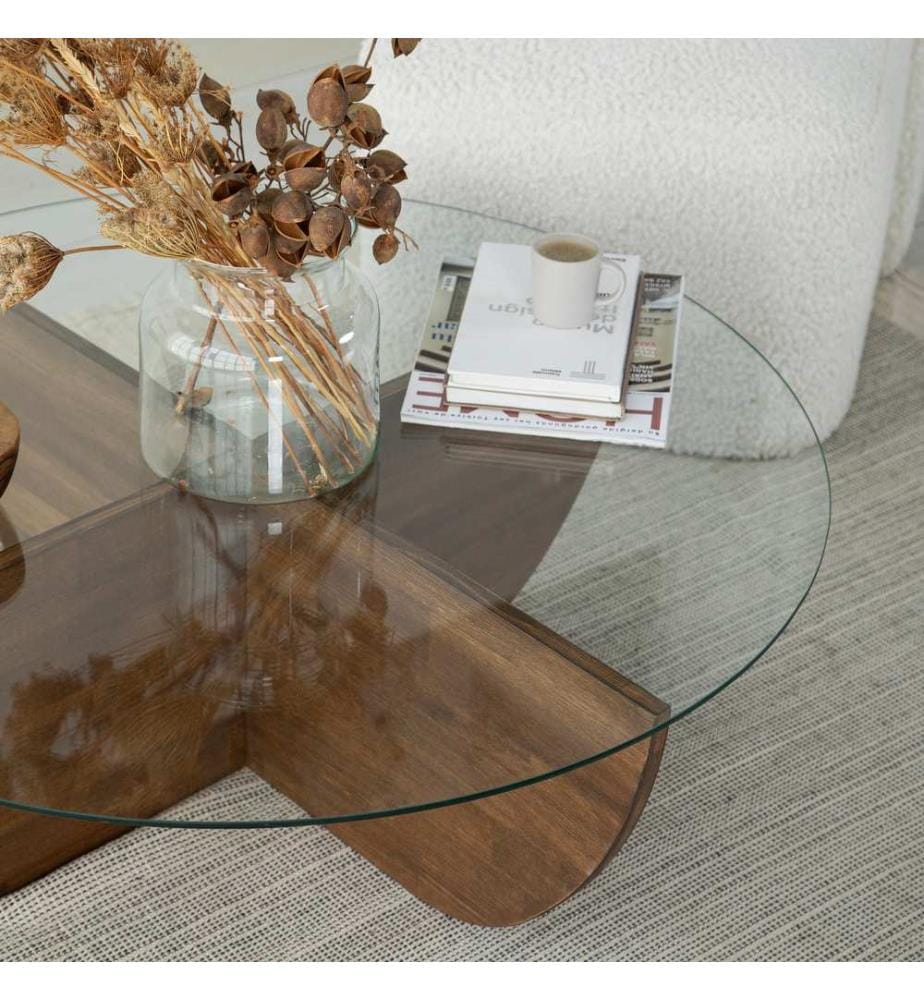 Coffee Table, Walnut, Table Top: Tempered Glass, Frame: Solid Pine Wood