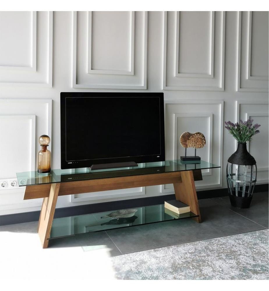 Meuble TV, Noyer, Vert, Verre trempé, Cadre : Pin massif