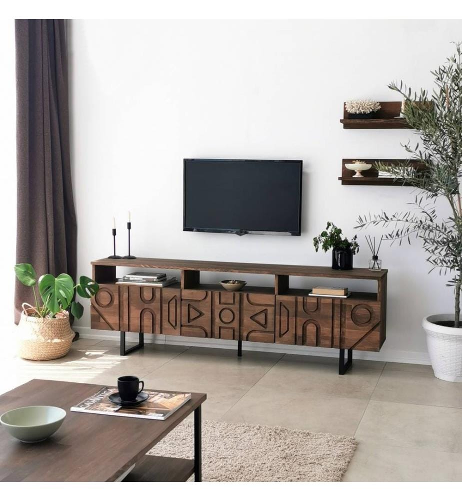 TV Unit, Walnut, Pine Solid Wood, Metal Frame