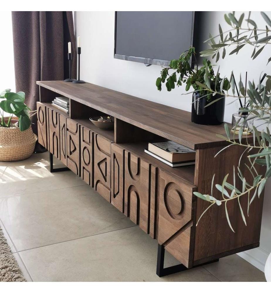 TV Unit, Walnut, Pine Solid Wood, Metal Frame