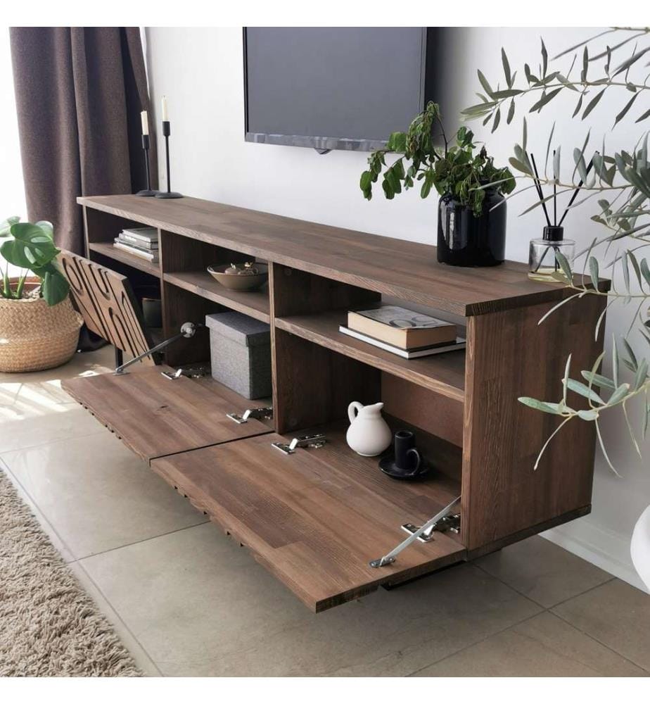 TV Unit, Walnut, Pine Solid Wood, Metal Frame