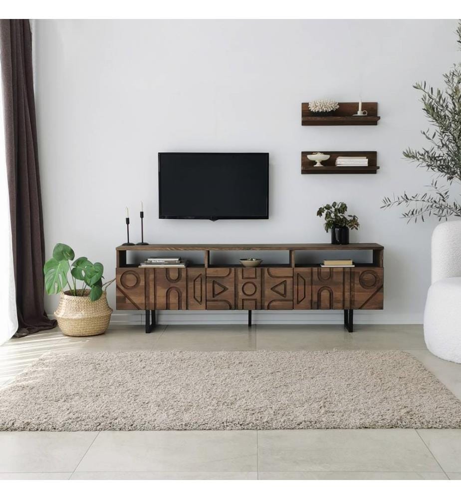 TV Unit, Walnut, Pine Solid Wood, Metal Frame