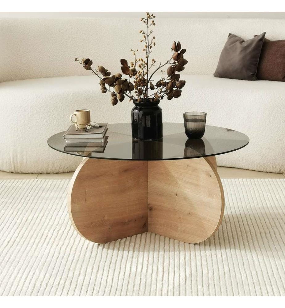 Table basse, Chêne, Fumée, Verre trempé , châssis : Panneau de particules mélaminé