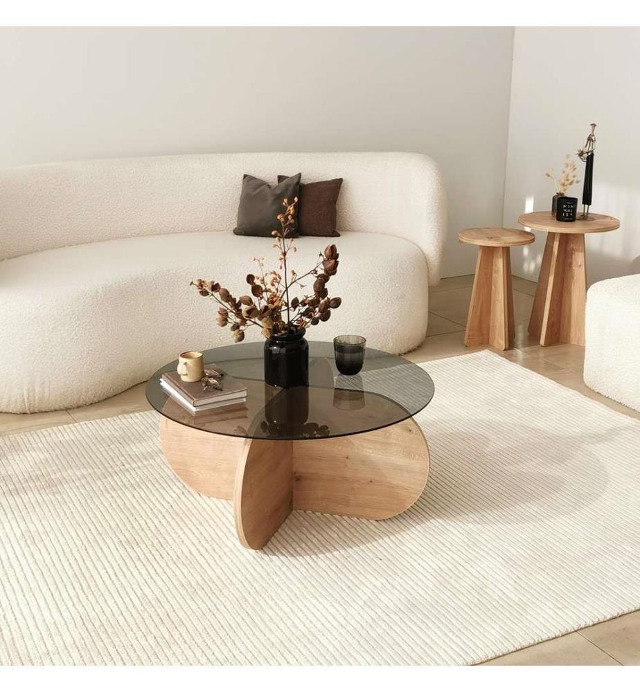 Table basse, Chêne, Fumée, Verre trempé , châssis : Panneau de particules mélaminé