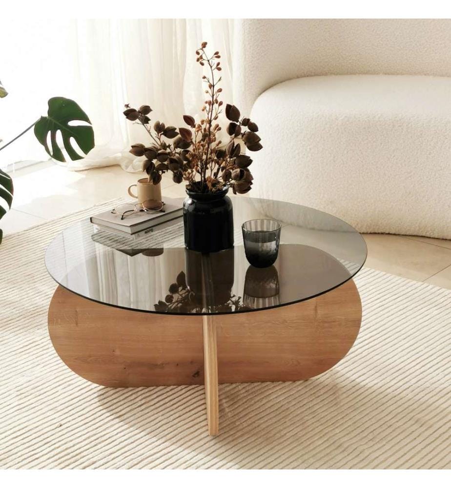 Table basse, Chêne, Fumée, Verre trempé , châssis : Panneau de particules mélaminé