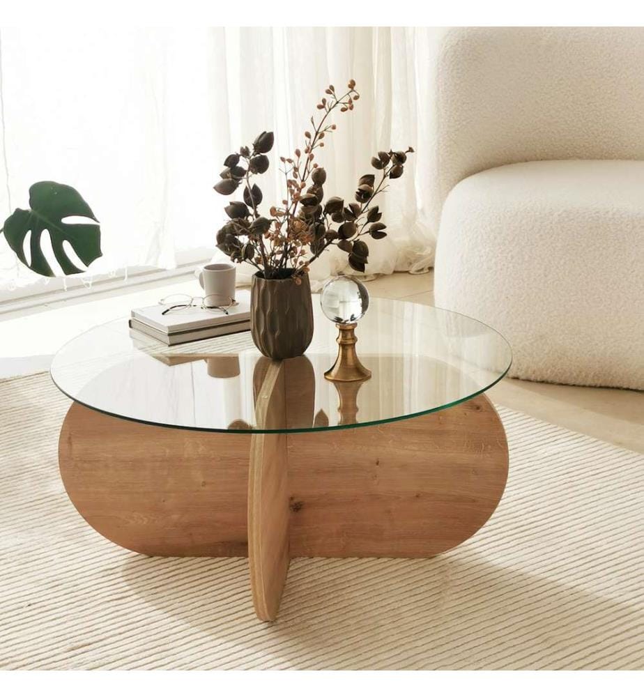 Table basse, chêne saphir, verre trempé , châssis : Panneau de particules mélaminé