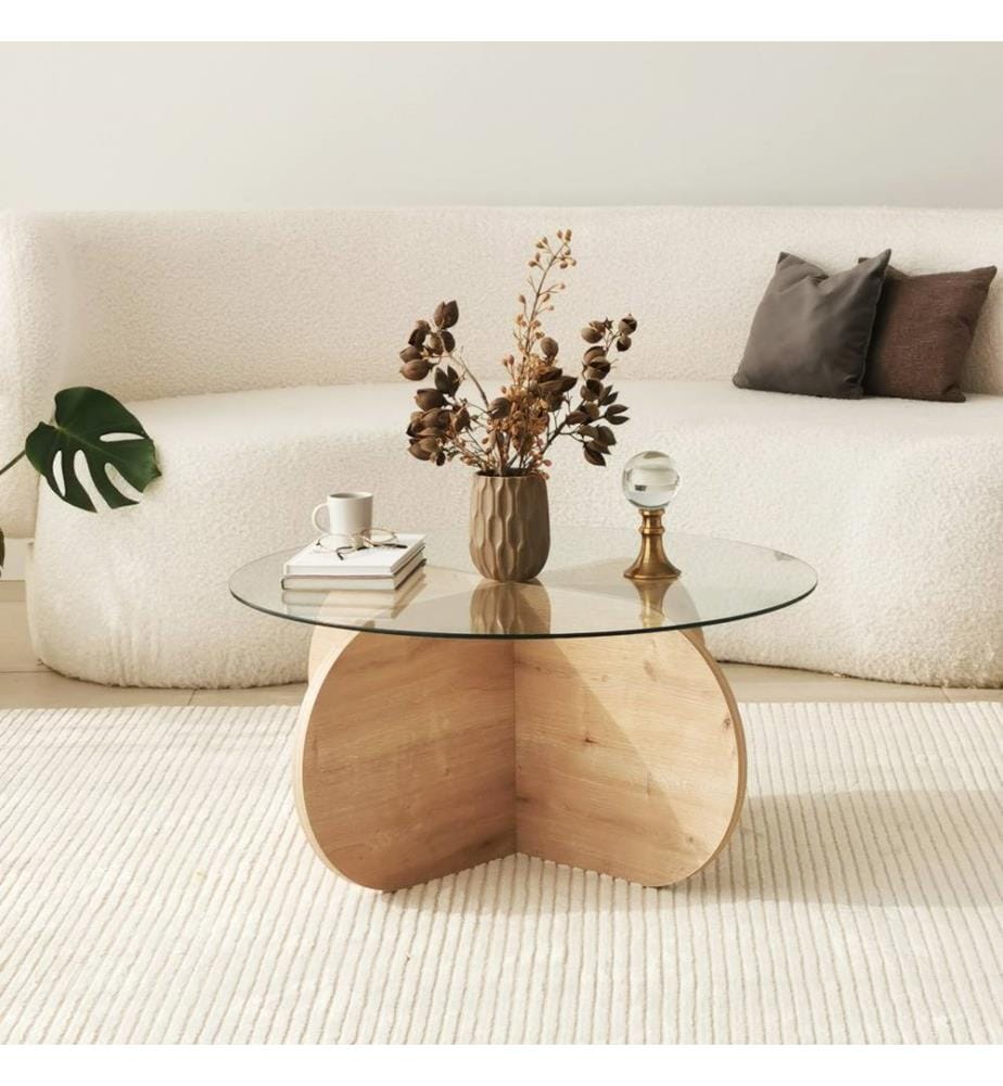 Table basse, chêne saphir, verre trempé , châssis : Panneau de particules mélaminé