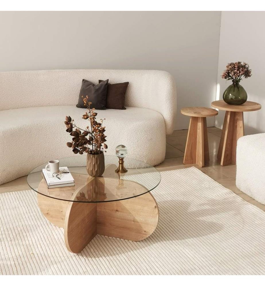 Table basse, chêne saphir, verre trempé , châssis : Panneau de particules mélaminé
